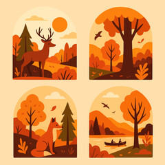 Obraz premium Autumn Wildlife Scenery Vector Flat Illustrations in Forest Landscapes