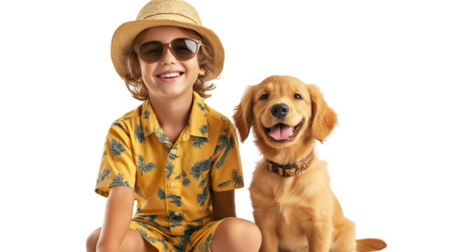 Happy child with golden retriever puppy, looking at camera, summer outfit, isolated on white background, PNG, high-resolution