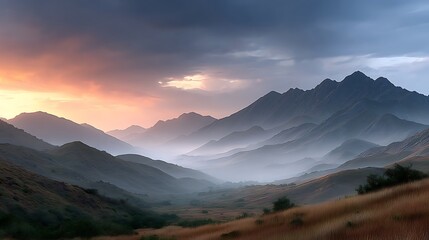 Obraz premium Panoramic Landscape Of Mountain Ranges Under The Cloudy Sky