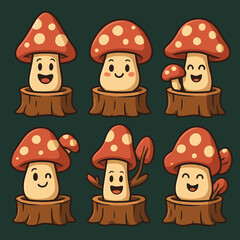 Cute Mushroom Character Illustrations on Tree Stumps with Happy Expressions