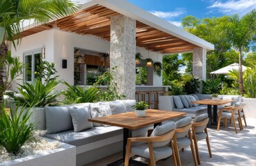 a modern outdoor cafe in a tropical garden, with white walls and wood tables featuring red accents