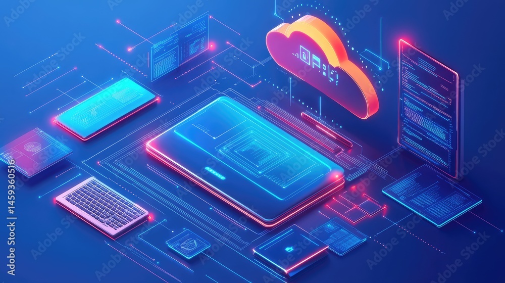 Poster technology infographic layout showing interconnected devices and cloud network structure