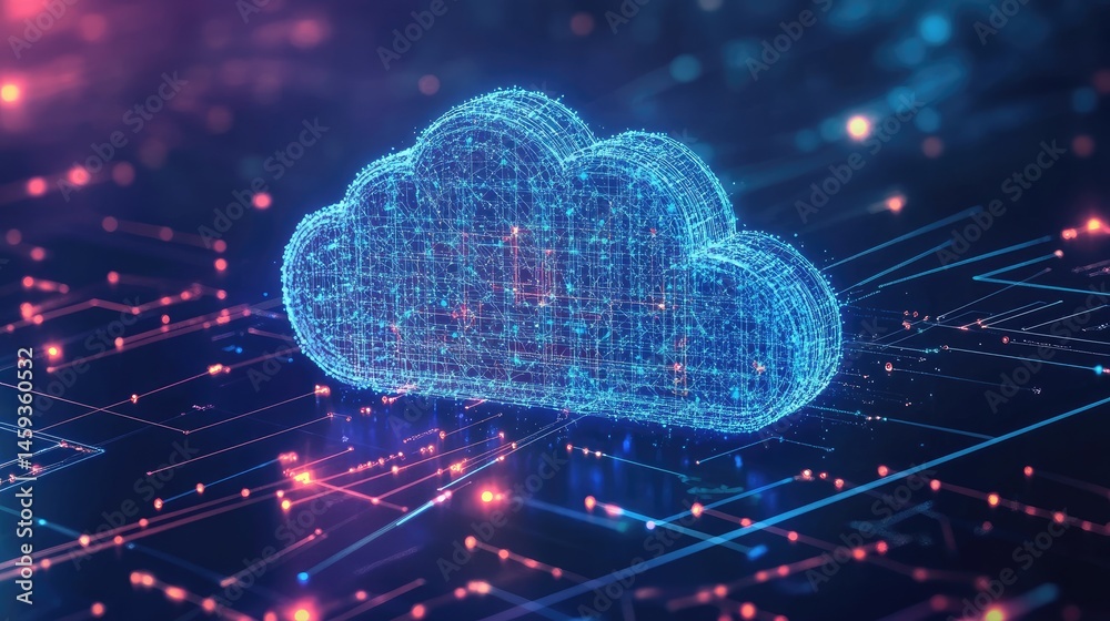 Poster technology infographic layout showing interconnected devices and cloud network structure