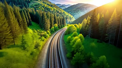 Aerial view of railroad tracks winding through a lush green forest at sunrise - Powered by Adobe