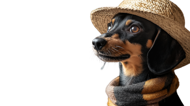Dachshund in summer straw hat and scarf, looking to the side, cinematic lighting
