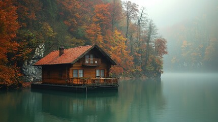 Fototapeta premium Misty autumnal cabin on a tranquil lake.