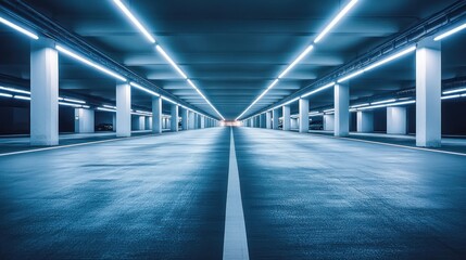 Empty underground parking garage lit by neon lights