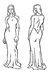 Red-Haired Opera Singer in Elegant Evening Gown Performing on Stage with vector style and black outline