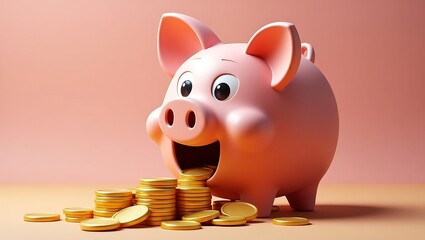 Piggy bank with coins spilling out, playful 3D design