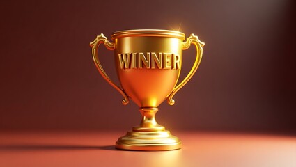 Trophy with engraved winner text, 3D golden shine
