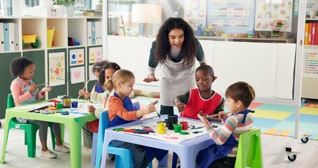 School, teacher and children with painting for education, creativity and skills development...