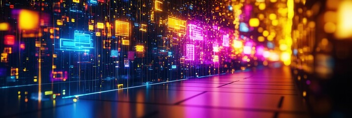 Obraz premium Vibrant Digital Background with Neon Lights and Geometric Shapes in Dynamic Arrangement