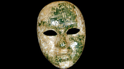 mask with digital enhancements and glowing AI circuitry embedded