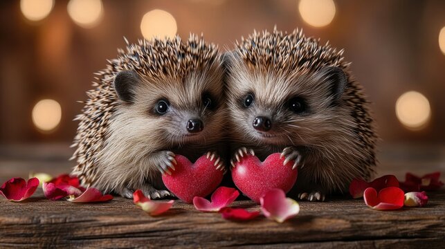 Two hedgehogs cuddling with red hearts and rose petals on wooden surface.