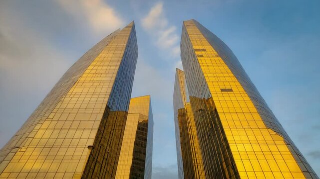Looking Up at Modern Golden Skyscraper Against Bright Blue Sky
