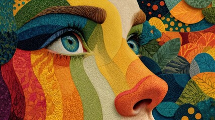 Primer plano de un rostro femenino con ojos azules, adornado con intrincados diseños y colores vibrantes sobre un fondo texturizado.