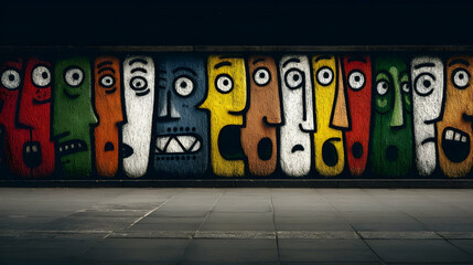 wall covered in digital pop-art graffiti of expressive machine faces