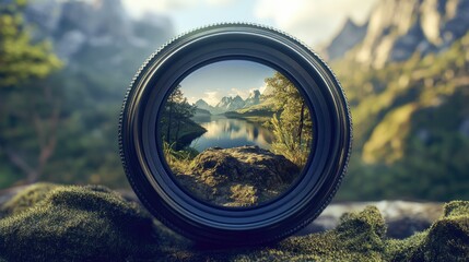 Nature mountains and forest landscape view through camera lens with blurred natural background