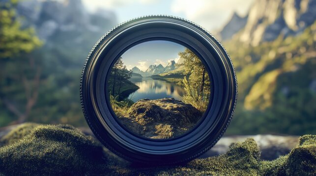 Nature mountains and forest landscape view through camera lens with blurred natural background