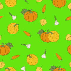 Vegetables isolated on a green background. Hand-drawn pumpkin, carrots, garlic. Seamless pattern under clipping mask, convenient for editing. Background for textile, paper, cover.