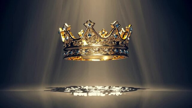 golden crown levitating above glowing water in a dark enchanted setting. A radiant beam of light shines down on the crown, illuminating sparkling particles around it