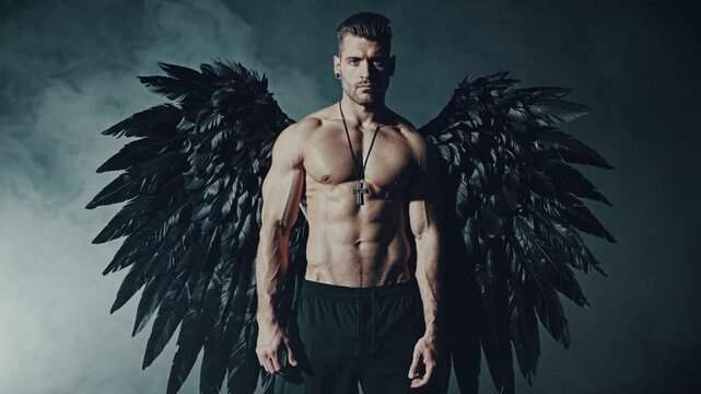 shirtless muscular man with large black wings standing in a misty, dark forest. He wears a heavy cross pendant, and his expression is intense and brooding
