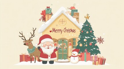 Fototapeta premium Merry Christmas illustration with Santa,reindeer,and snowman