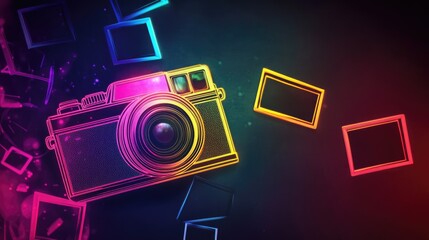 Neon outline vintage camera with geometric shapes on dark purple background