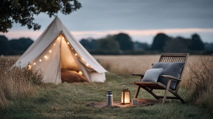 Glamping tent with string lights and wooden chair with pillows in scenic field at sunset with lantern and thermos