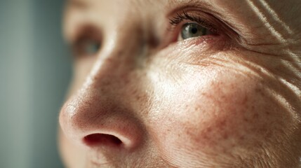 Close-up of translucent aging skin with rejuvenating light beams, soft-focus tools in background - modern dermatology innovation
