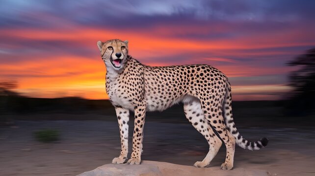 A cheetah standing in front of a sunset sky