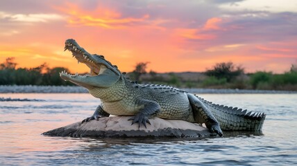 A massive crocodile with its mouth open wide, basking on a rock in the middle of a river during a vibrant sunset. The crocodile's scales glisten in the golden light.