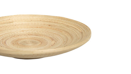 Closeup of wooden plate isolated on white copy-space background.