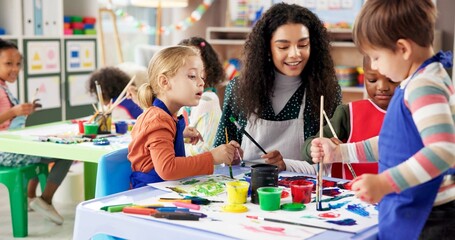 Education, kids and painting with teacher for creative talent, art and development in kindergarten. Learning, students drawing and teaching happy children in class for lesson with brush for color