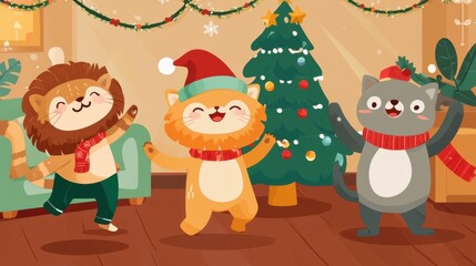 Three Cute Animals Celebrating Christmas