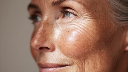 Fototapeta premium Close-up of translucent aging skin with rejuvenating light beams, soft-focus tools in background - modern dermatology innovation 