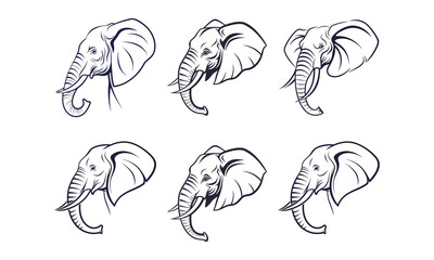 Elegant Outline Drawings of Elephant Heads in Various Styles and Perspectives
