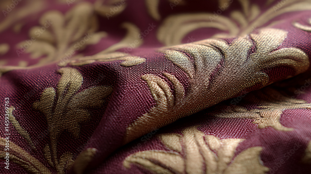 Poster close-up of maroon fabric texture with gold floral pattern, showing detailed weave and drape, repres