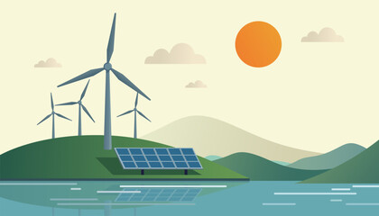 Solar Panel Wind Turbines Water Landscape Clean Energy