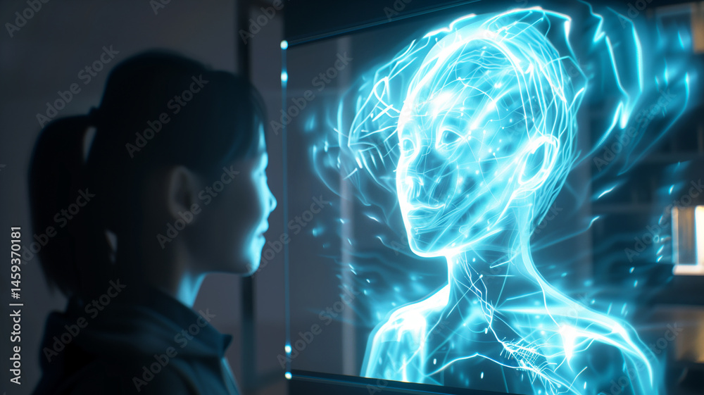 Aufkleber this woman watches a hologram created with ai, featuring depth tracking and parallax effects.