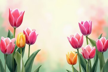 Obraz premium A bouquet of pink tulips with yellow centers in bloom