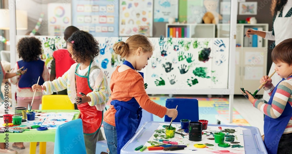 Poster handprint, painting and kids with paper in classroom for creative lesson, education and development.