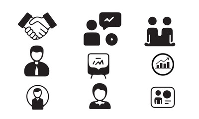 This set of black and white business icons depicts various aspects of teamwork, collaboration, and professional growth.