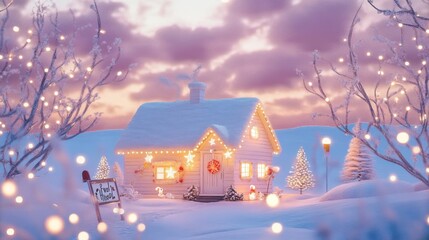 Obraz premium A Cozy Christmas Cottage in a Snowy Landscape
