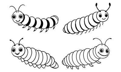 Adorable Cartoon Caterpillar Characters in Simple Black and White Design
