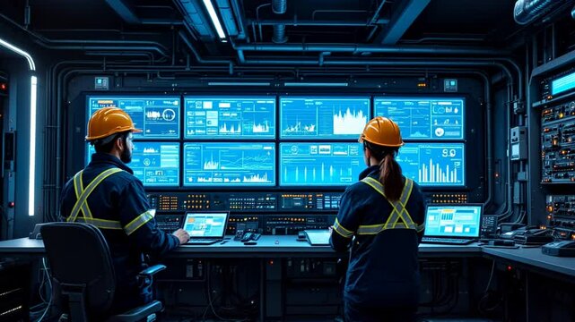 engineers monitoring energy data at high-tech control center