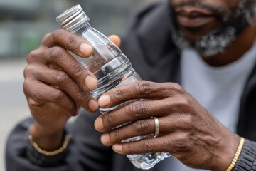 A close-up image of a person holding a plastic water bottle using both hands, symbolizing hydration, health, and mindful consumption in everyday moments.
