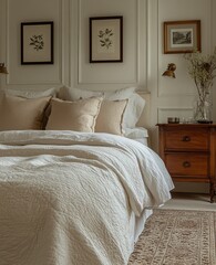 Calm bedroom, linen bedding, antique dresser, wall art, natural light