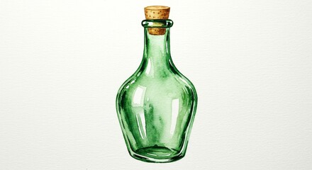 Fototapeta premium Artistic Watercolor Green Glass Bottle with Cork - Symbolizing nature, purity, vintage charm, mystery, and preservation. A delicate watercolor painting of a green glass bottle