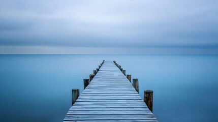 Fototapeta premium Serene Wooden Pier Extending into Calm Blue Waters Under Clouds